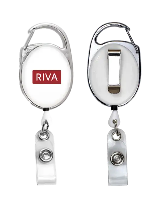 White Carabiner Style Badge Reel and Badge Holder w/RIVA Logo