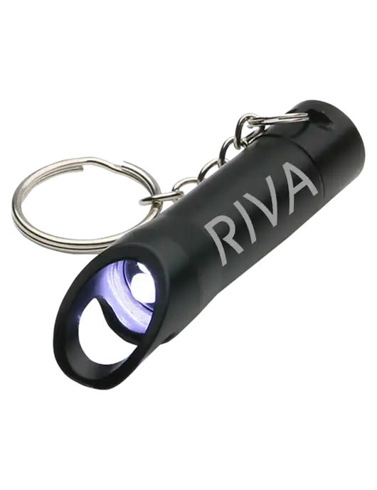 Black Pocket LED Flashlight with Bottle Opener & Keychain w/RIVA Logo