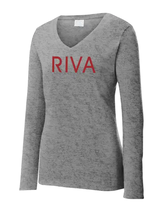 Womens  V-Neck Ring Spun Grey Heather 4.5 oz Long Sleeve T-Shirt w/RIVA Logo