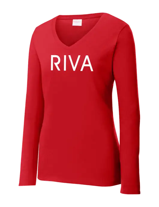 Womens  V-Neck Ring Spun Bright Red 4.5 oz Long Sleeve T-Shirt w/RIVA Logo