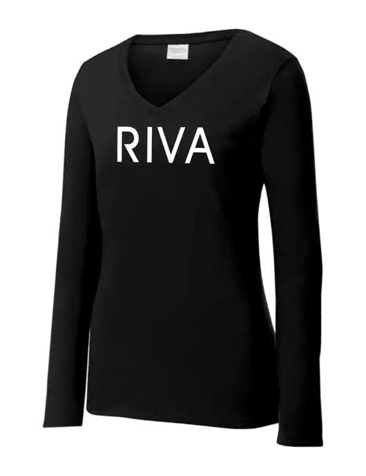 Womens V-Neck Ring Spun Jet Black 4.5 oz Long Sleeve T-Shirt w/RIVA Logo