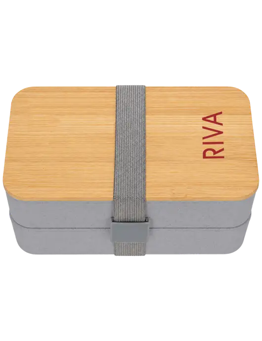 Double Decker Light Medium Grey Lunch Box w/Eco-Friendly FSC Bamboo Lid & Reusable Utensils w/RIVA Logo